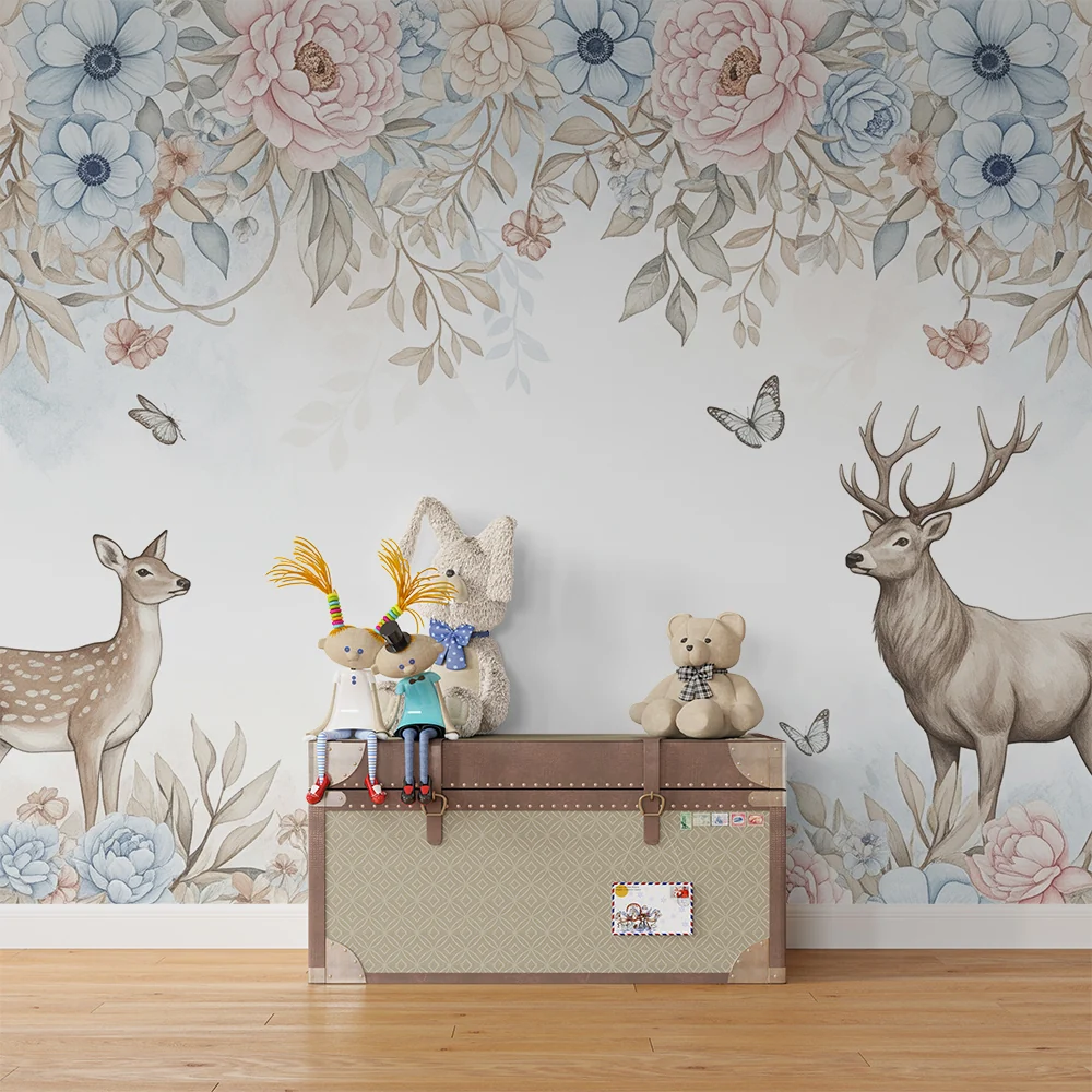 Papel de parede quarto bebê | Graciozni jeleni pod cvjetnim nebom i leptirima