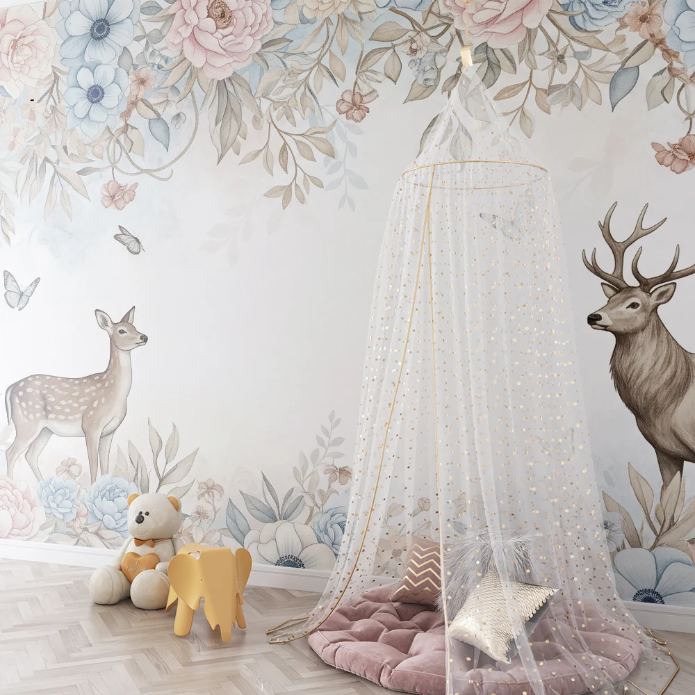 Papel de parede quarto bebê | Graciozni jeleni pod cvjetnim nebom i leptirima