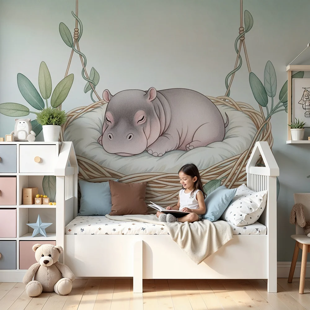 Papel de parede quarto bebê | Hipopótamo adormecido em seu ninho