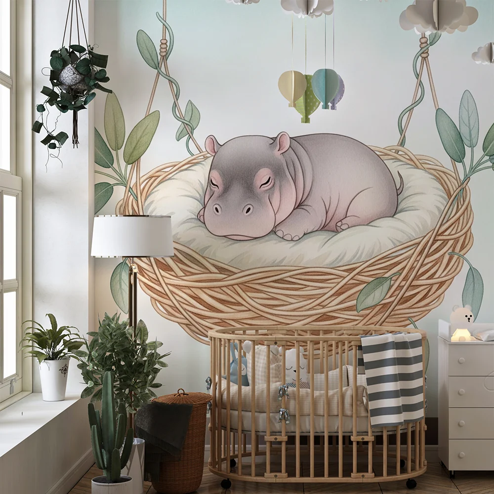 Papel de parede quarto bebê | Hipopótamo adormecido em seu ninho
