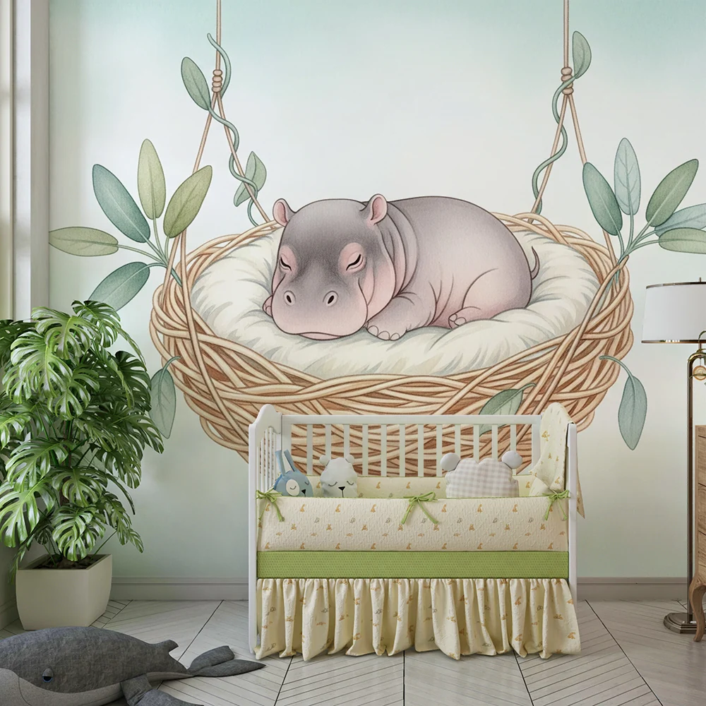 Papel de parede quarto bebê | Hipopótamo adormecido em seu ninho