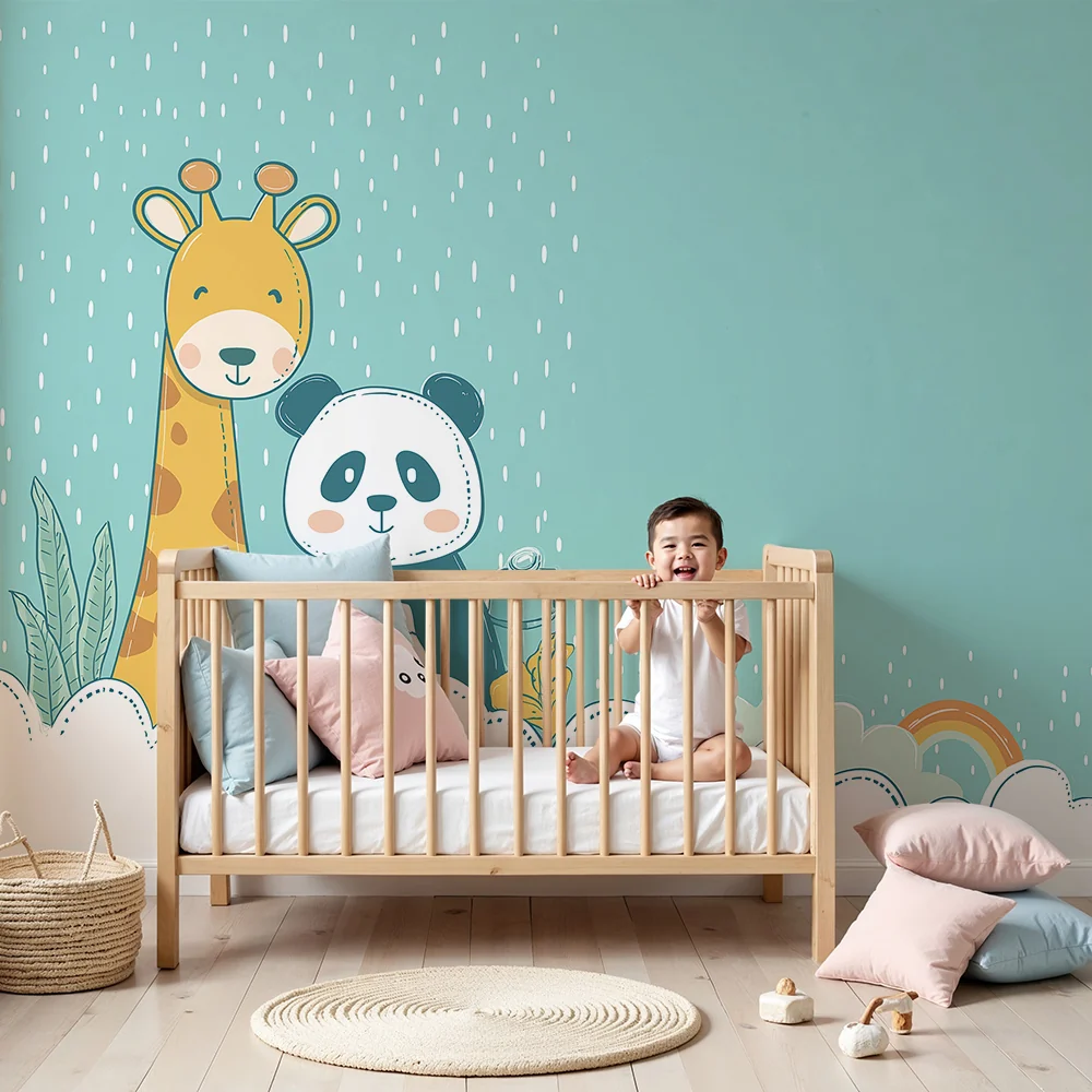 Papel de parede quarto bebê | Žirafa i panda pod kišom s mekanim oblacima