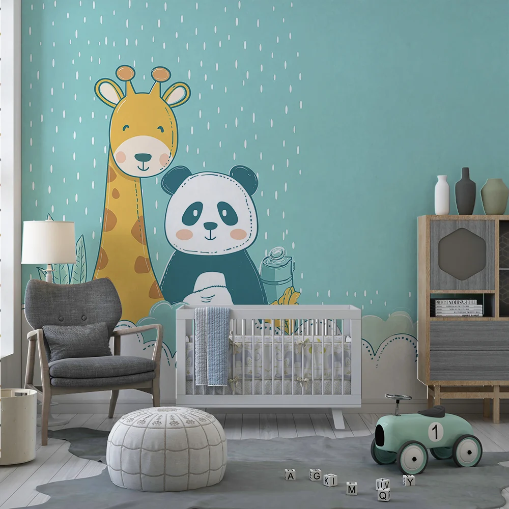 Papel de parede quarto bebê | Žirafa i panda pod kišom s mekanim oblacima