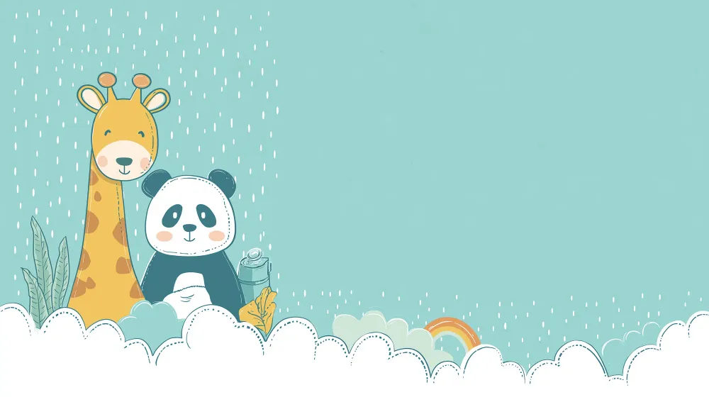 Papel de parede quarto bebê | Žirafa i panda pod kišom s mekanim oblacima