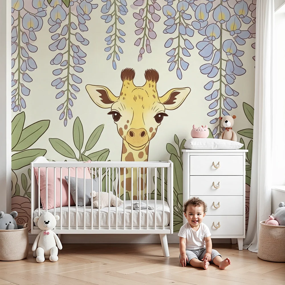 Papel de parede quarto bebê | Žirafa usred cvijeć