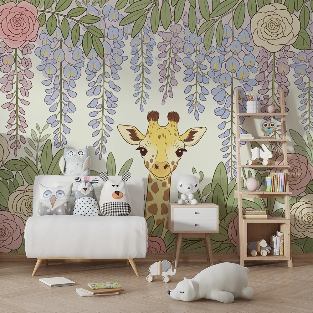 Papel de parede quarto bebê | Žirafa usred cvijeć