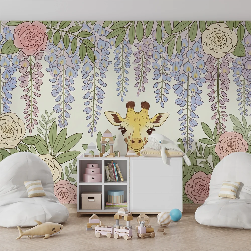Papel de parede quarto bebê | Žirafa usred cvijeć