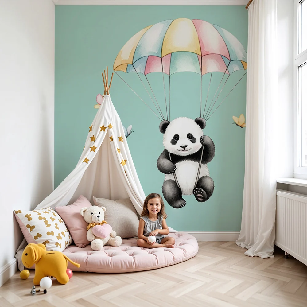 Papel de parede quarto bebê | Živahni panda u padobranu