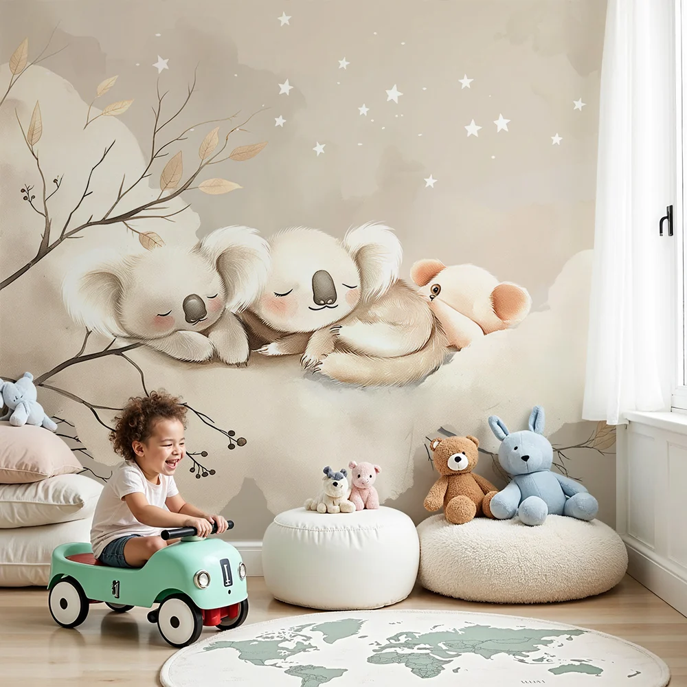 Papel de parede quarto bebê | Koale koji spavaju na mekom oblaku