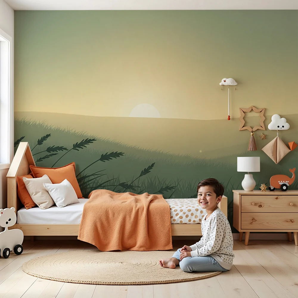 Papel de parede quarto bebê | Krajolik zelenih polja u zoru