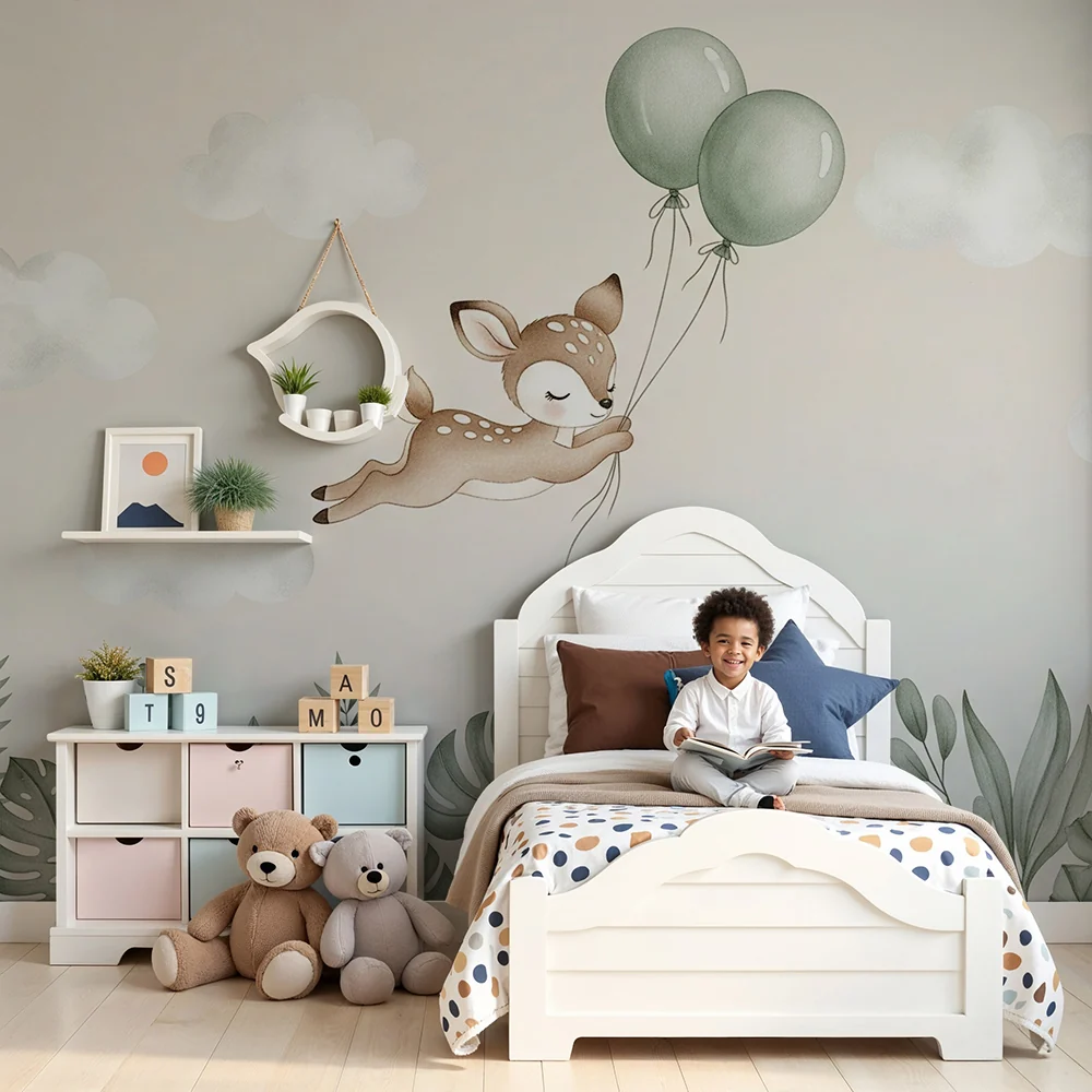 Papel de parede quarto bebê | Leteći jelen s balonima