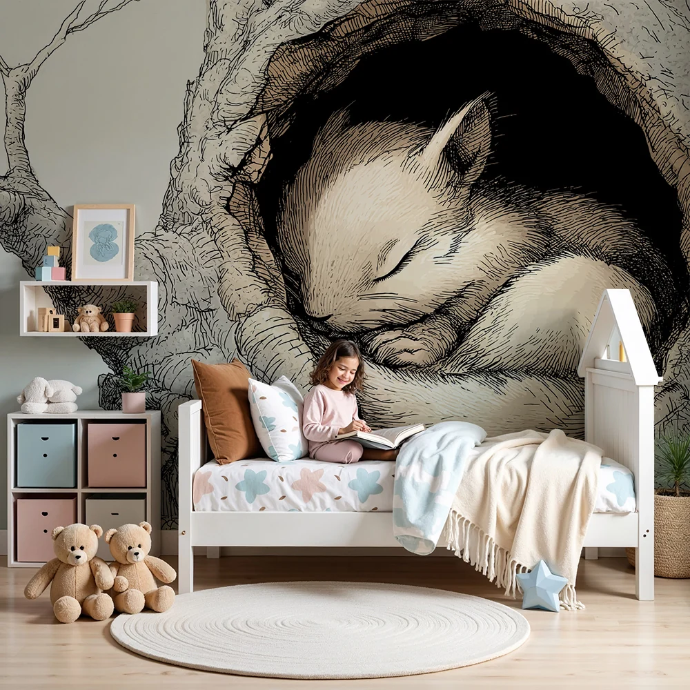 Papel de parede quarto bebê | Lijepa mala spavać vjeverica u svom gnijezdu