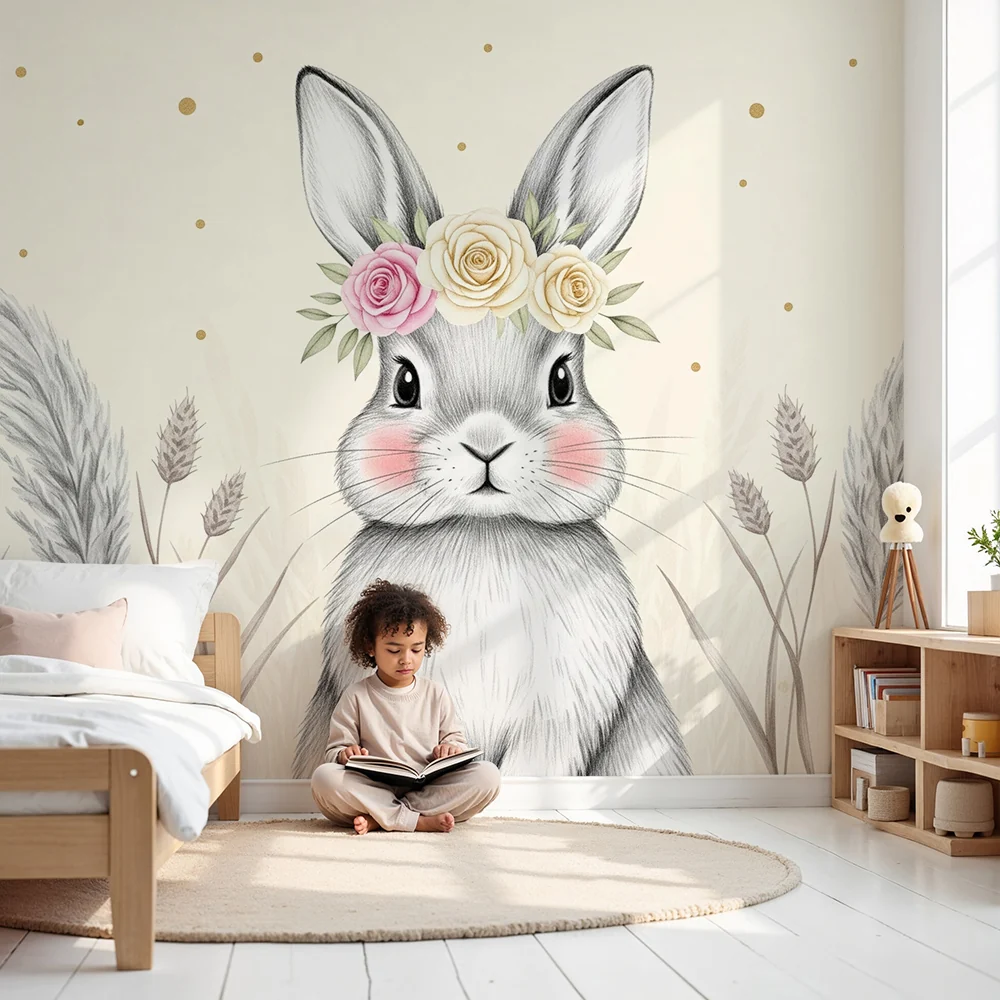 Papel de parede quarto bebê | Lijepi zec s cvjetnom krunom