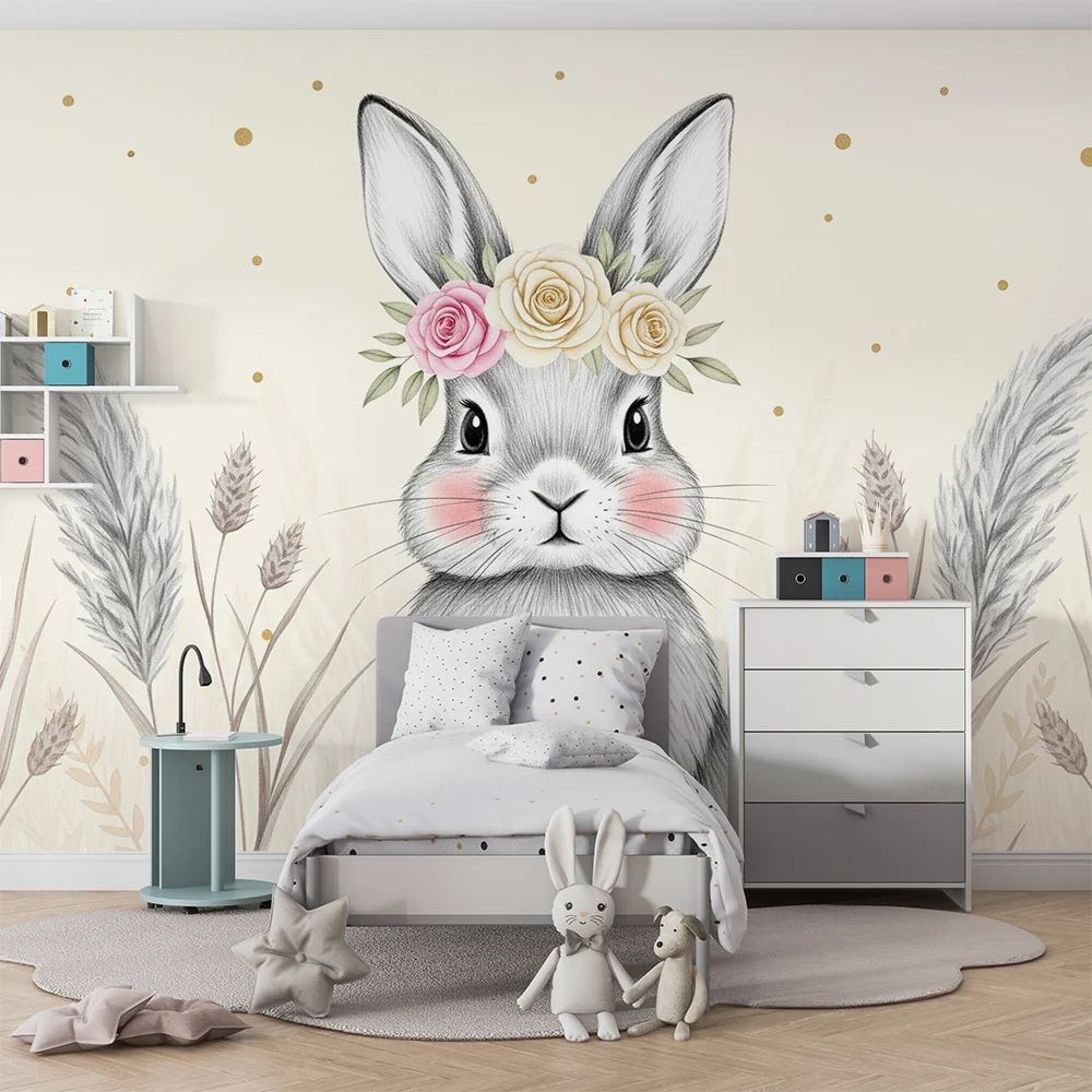 Papel de parede quarto bebê | Lijepi zec s cvjetnom krunom