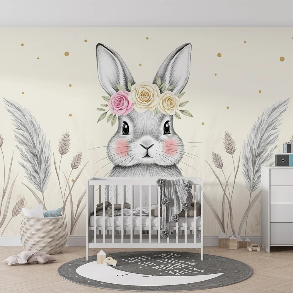 Papel de parede quarto bebê | Lijepi zec s cvjetnom krunom
