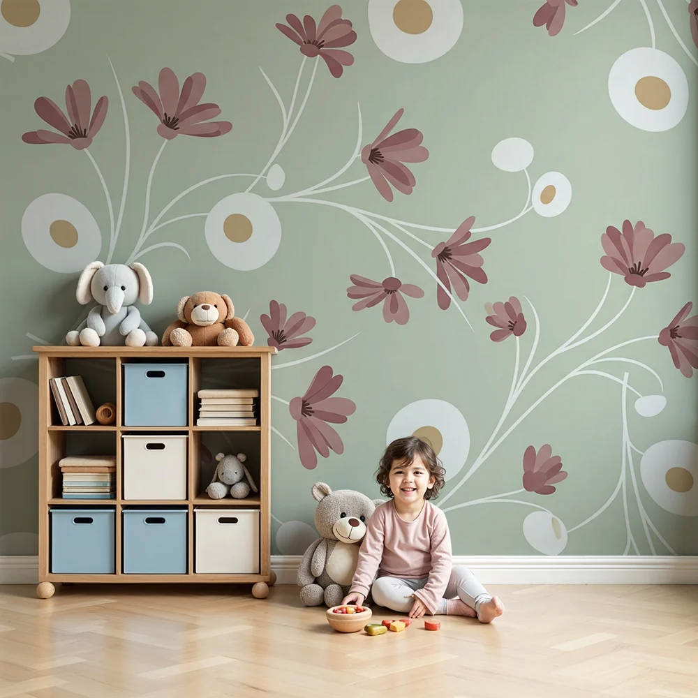 Papel de parede quarto bebê | Ljubičasti cvjetovi na pozadini masline zelene