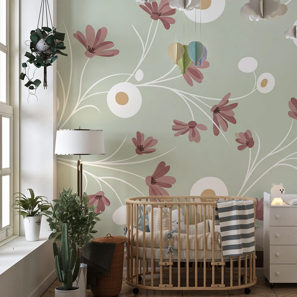 Papel de parede quarto bebê | Ljubičasti cvjetovi na pozadini masline zelene