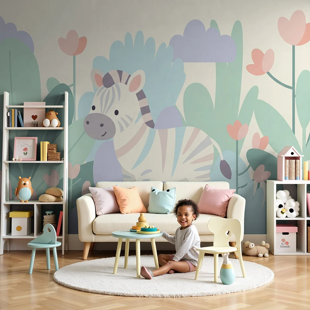 Papel de parede quarto bebê | Ljupka zebra usred cvjetova i pastelnog lišć