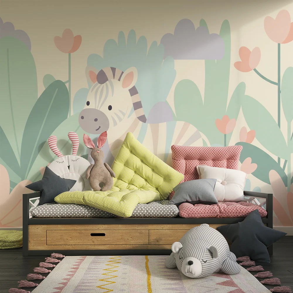 Papel de parede quarto bebê | Ljupka zebra usred cvjetova i pastelnog lišć