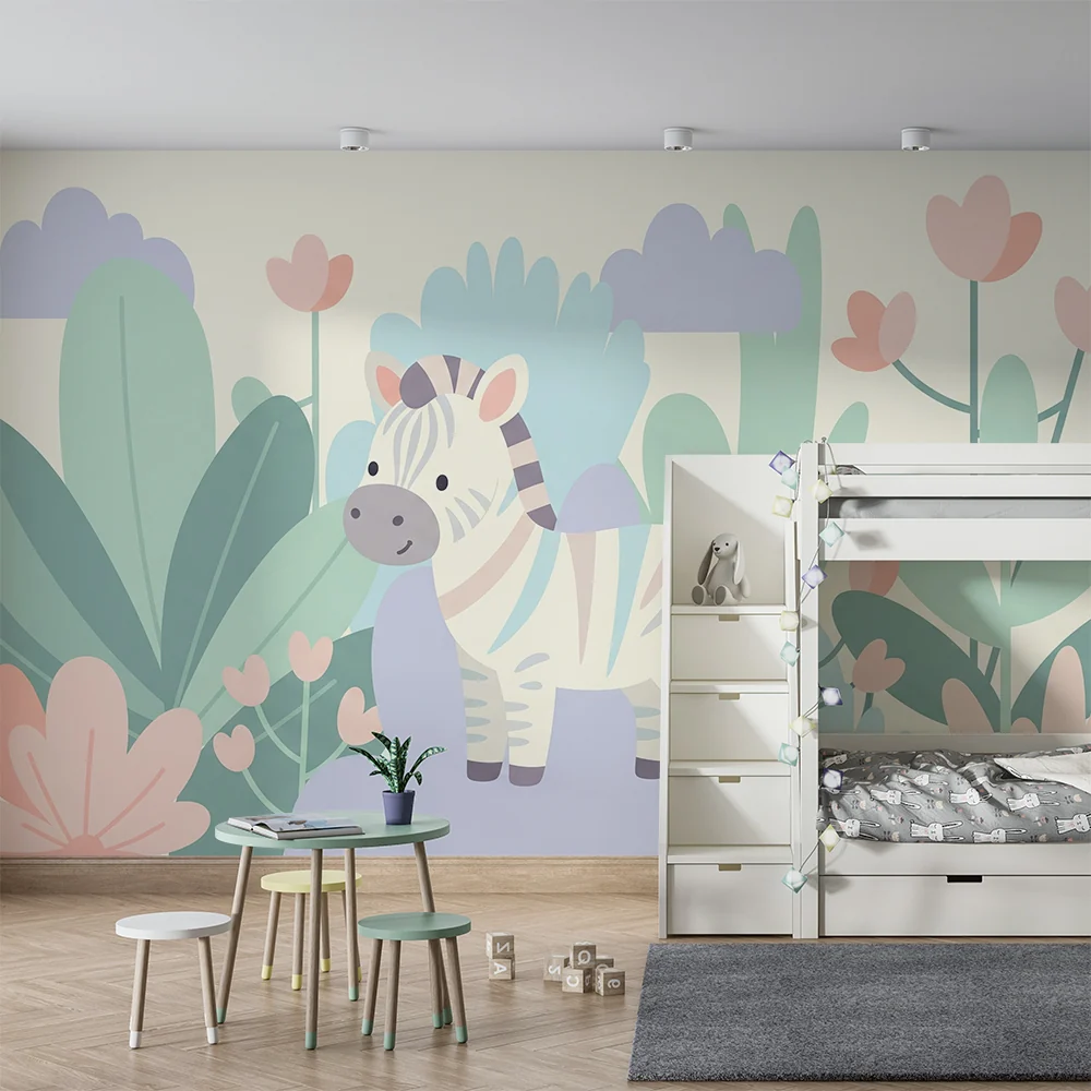 Papel de parede quarto bebê | Ljupka zebra usred cvjetova i pastelnog lišć