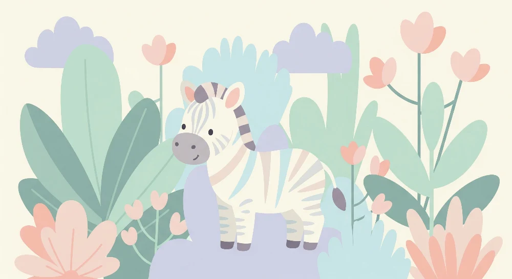 Papel de parede quarto bebê | Ljupka zebra usred cvjetova i pastelnog lišć