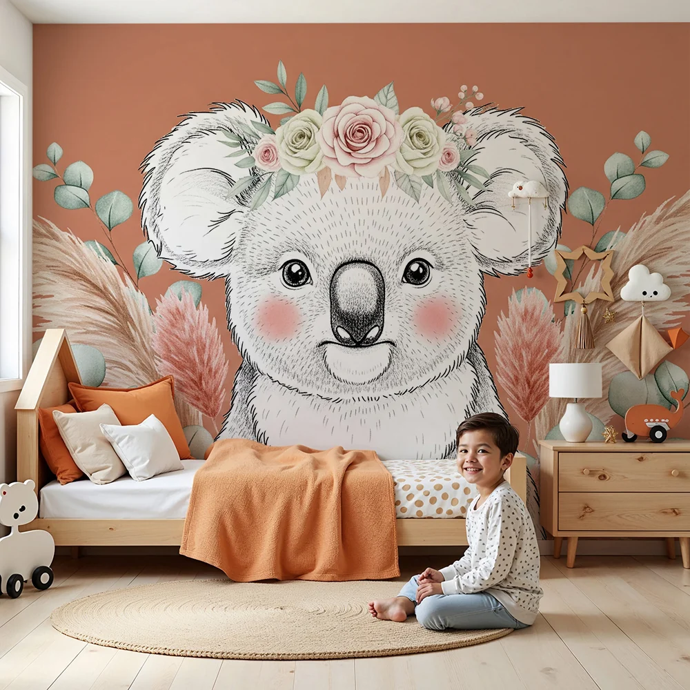 Papel de parede quarto bebê | Ljupki koala s cvijećem