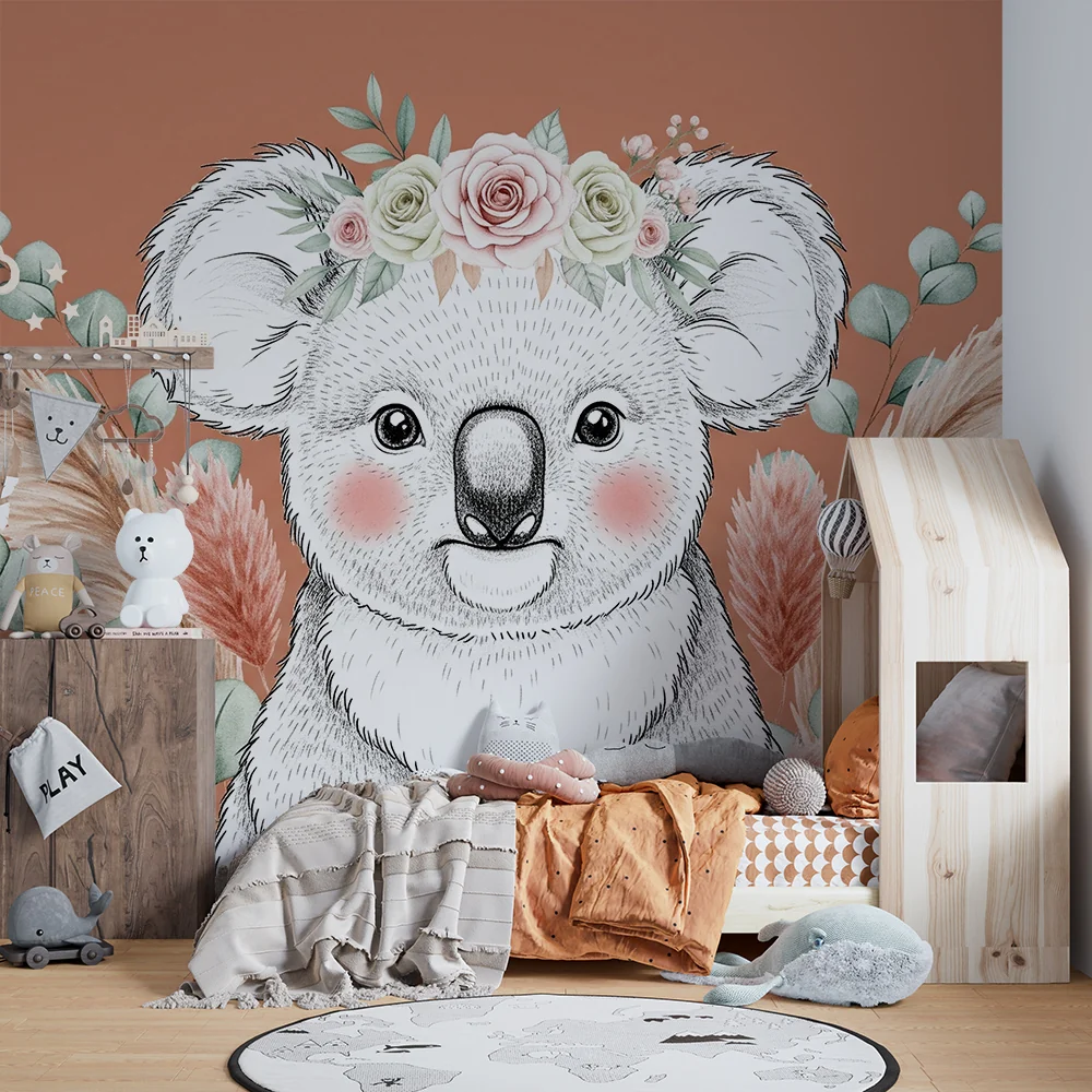 Papel de parede quarto bebê | Ljupki koala s cvijećem