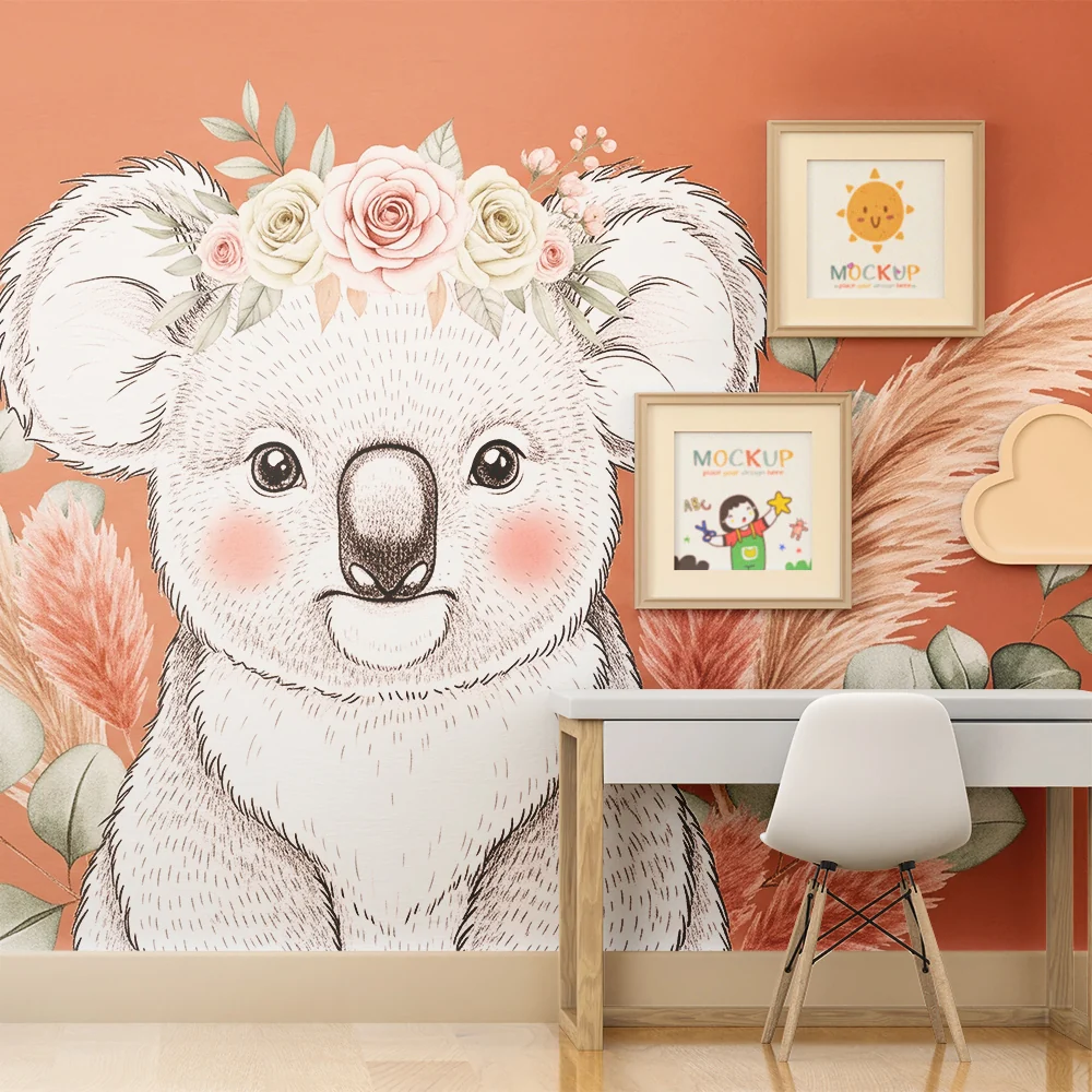 Papel de parede quarto bebê | Ljupki koala s cvijećem