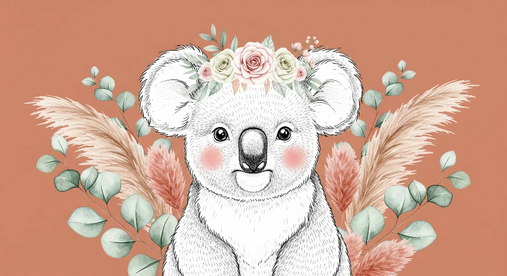 Papel de parede quarto bebê | Ljupki koala s cvijećem