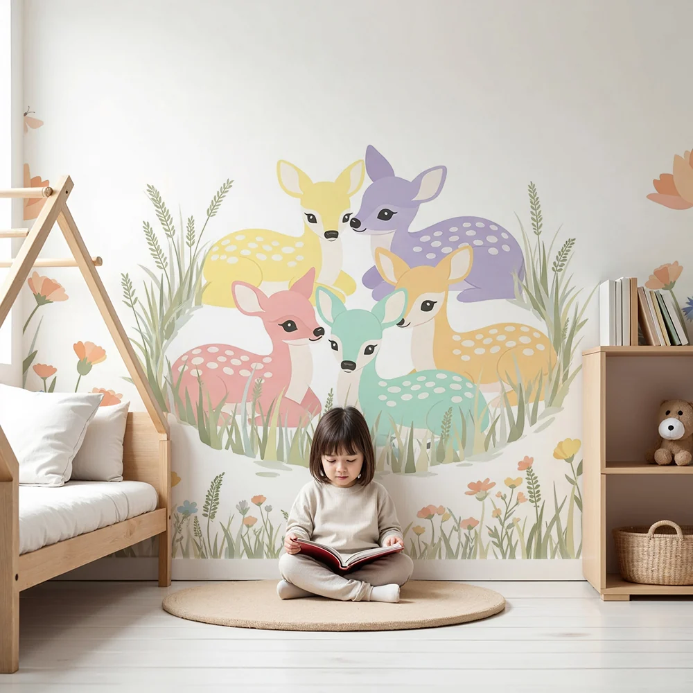 Papel de parede quarto bebê | Ljupki obojeni jeleni u polju cvijeć