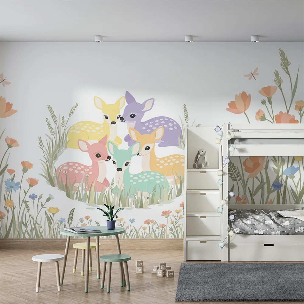 Papel de parede quarto bebê | Ljupki obojeni jeleni u polju cvijeć