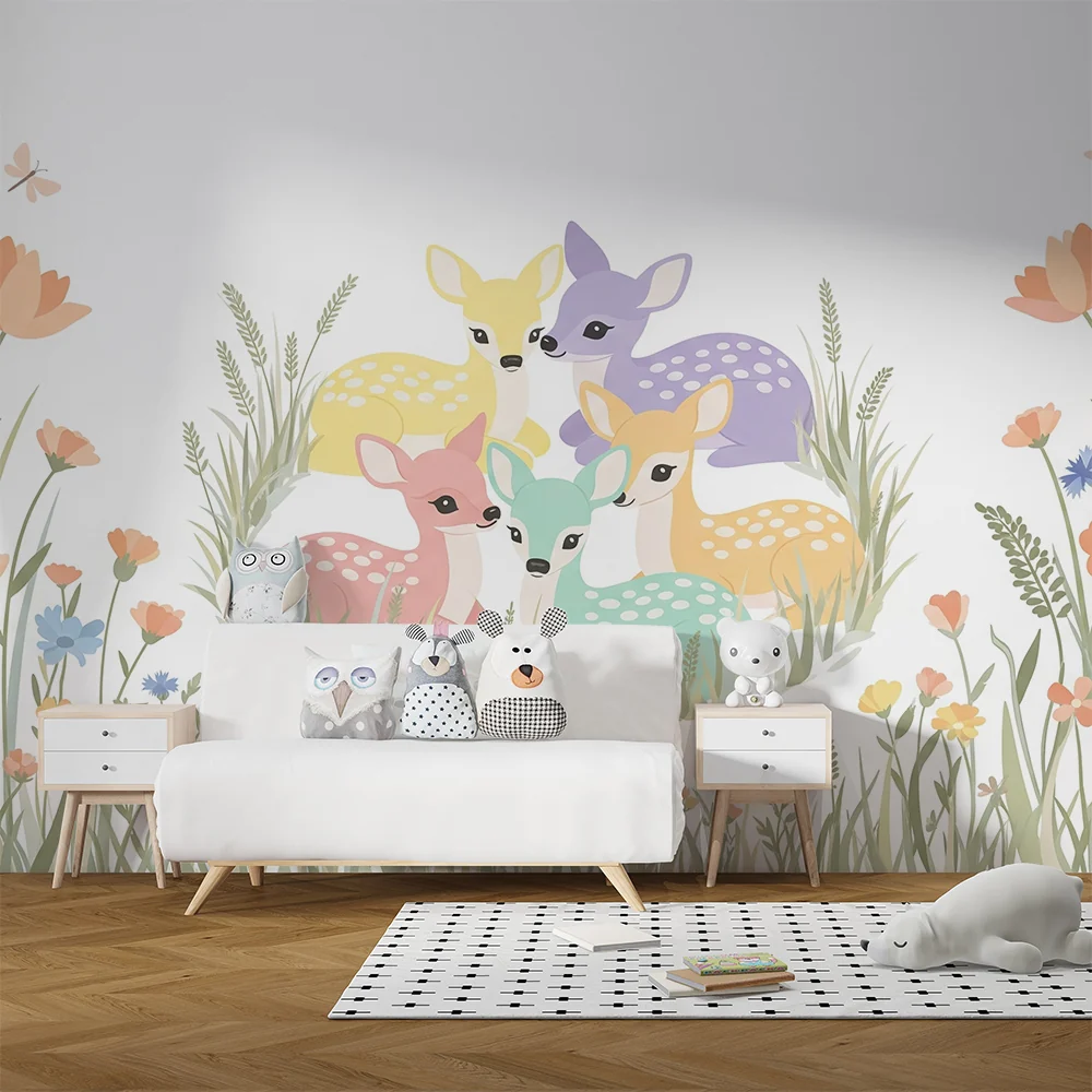 Papel de parede quarto bebê | Ljupki obojeni jeleni u polju cvijeć