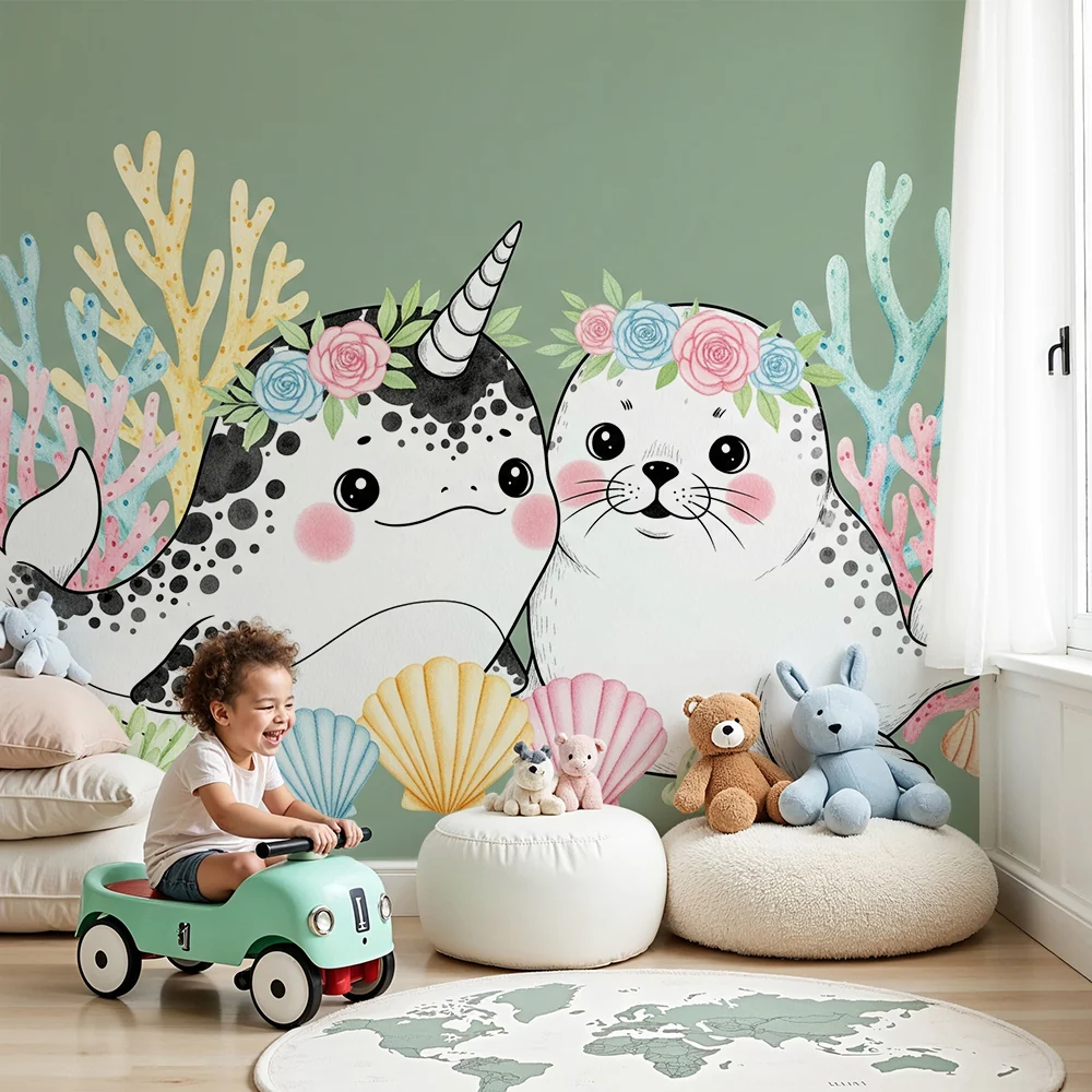Papel de parede quarto bebê | Ljupki podvodni jednorog i tuljan