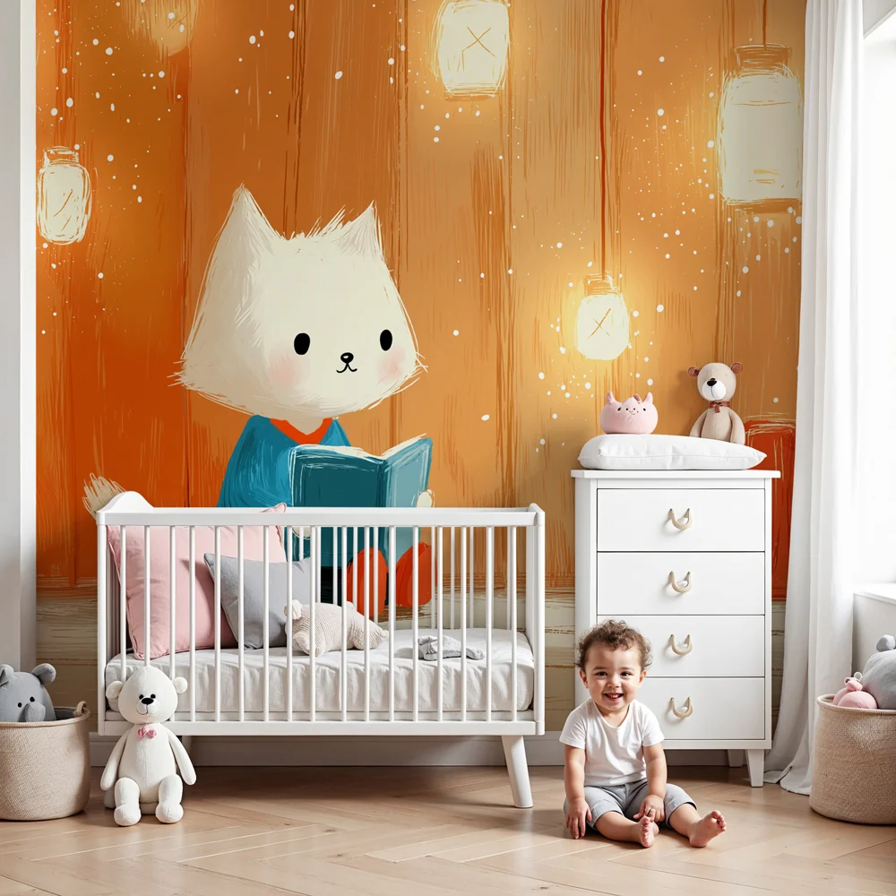 Papel de parede quarto bebê | Mačić čitač ispod lampiona