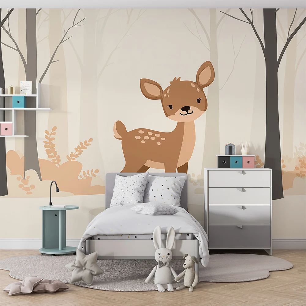 Papel de parede quarto bebê | Mala srna u bež šumi