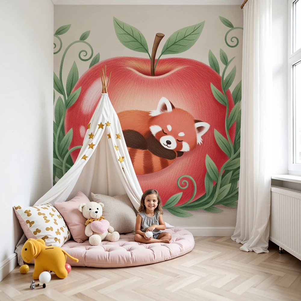 Papel de parede quarto bebê | Mali crveni panda spava u jabuci