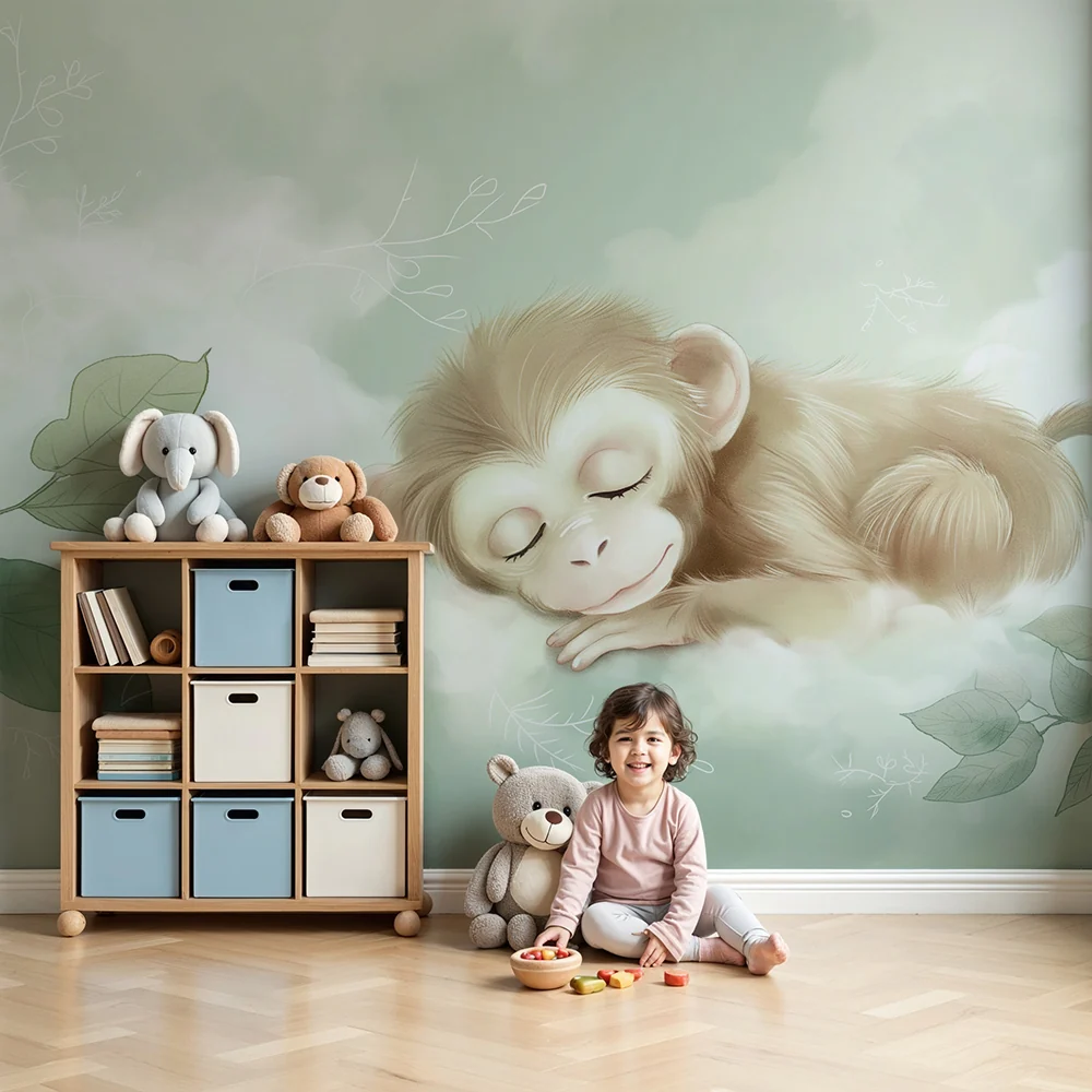 Papel de parede quarto bebê | Mali majmun spava među mekim lišćem