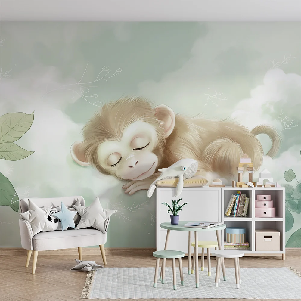 Papel de parede quarto bebê | Mali majmun spava među mekim lišćem