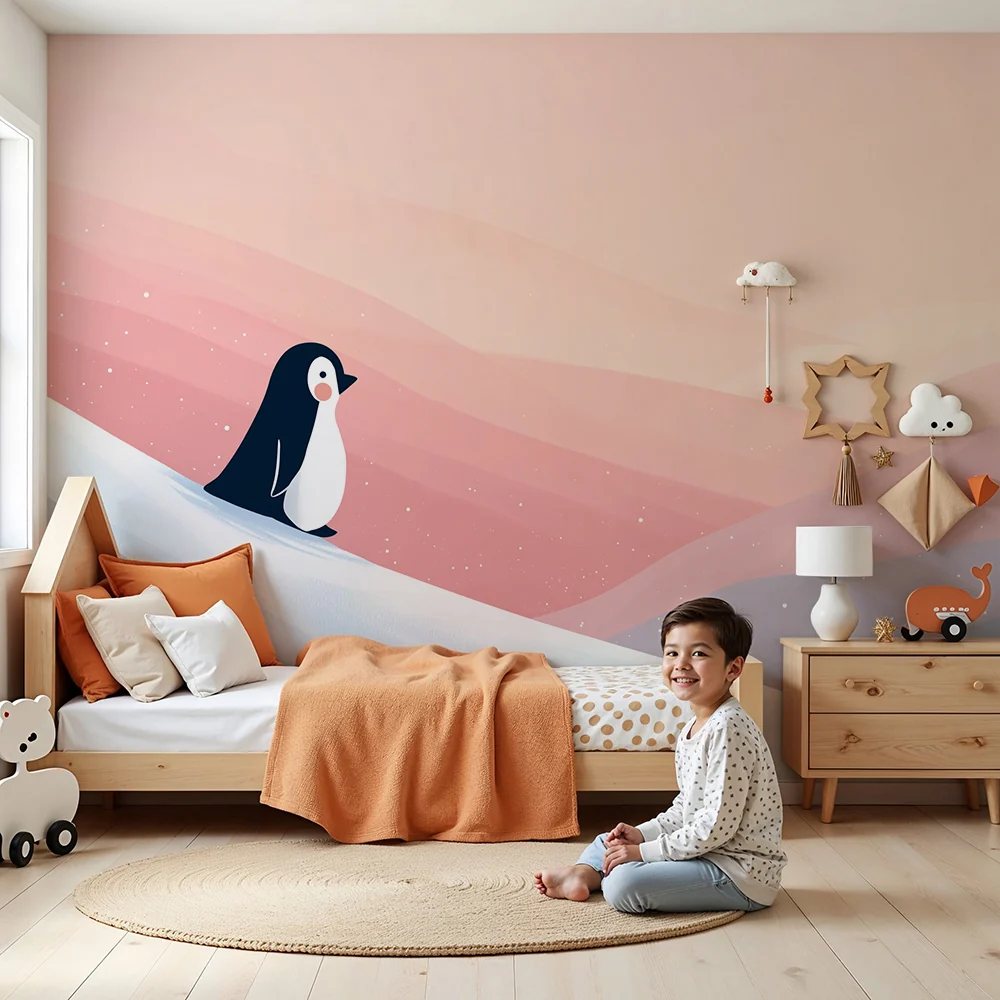 Papel de parede quarto bebê | Mali pingvin na zimskom pastelnom krajoliku