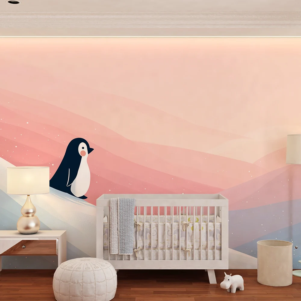 Papel de parede quarto bebê | Mali pingvin na zimskom pastelnom krajoliku