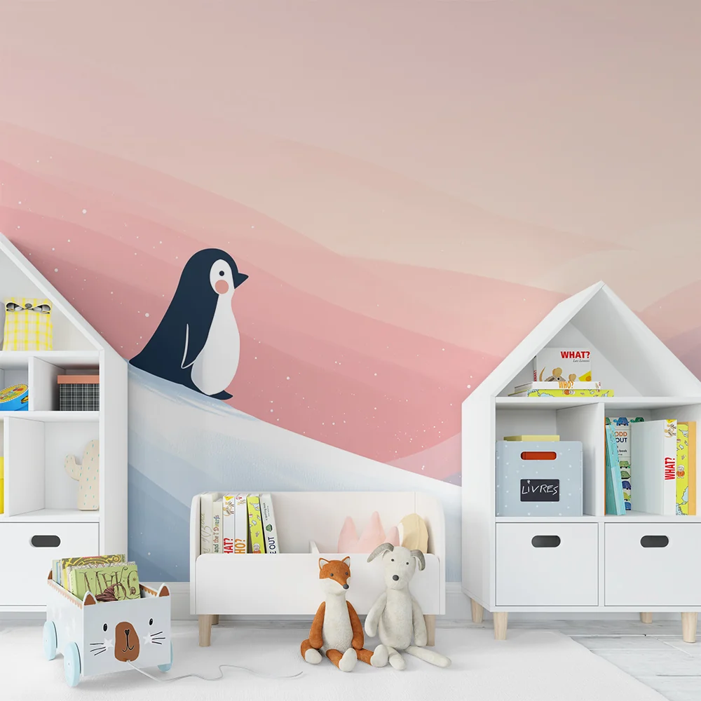 Papel de parede quarto bebê | Mali pingvin na zimskom pastelnom krajoliku
