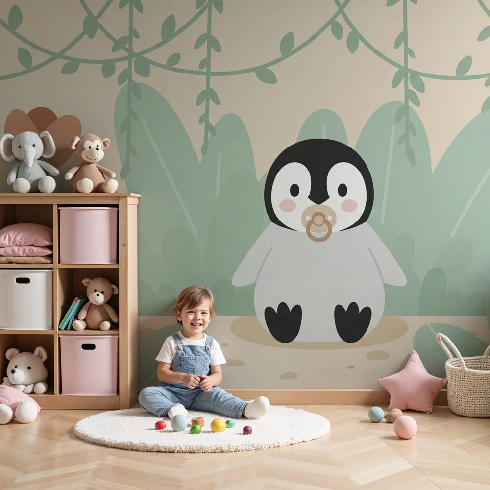 Papel de parede quarto bebê | Mali pingvin u cvjetnom vrtu