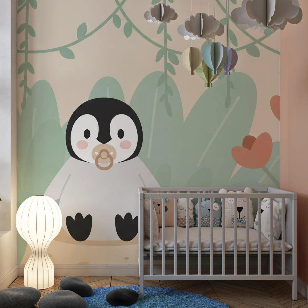 Papel de parede quarto bebê | Mali pingvin u cvjetnom vrtu