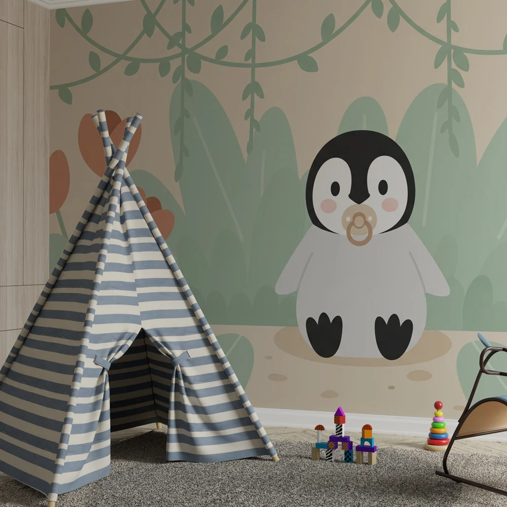 Papel de parede quarto bebê | Mali pingvin u cvjetnom vrtu