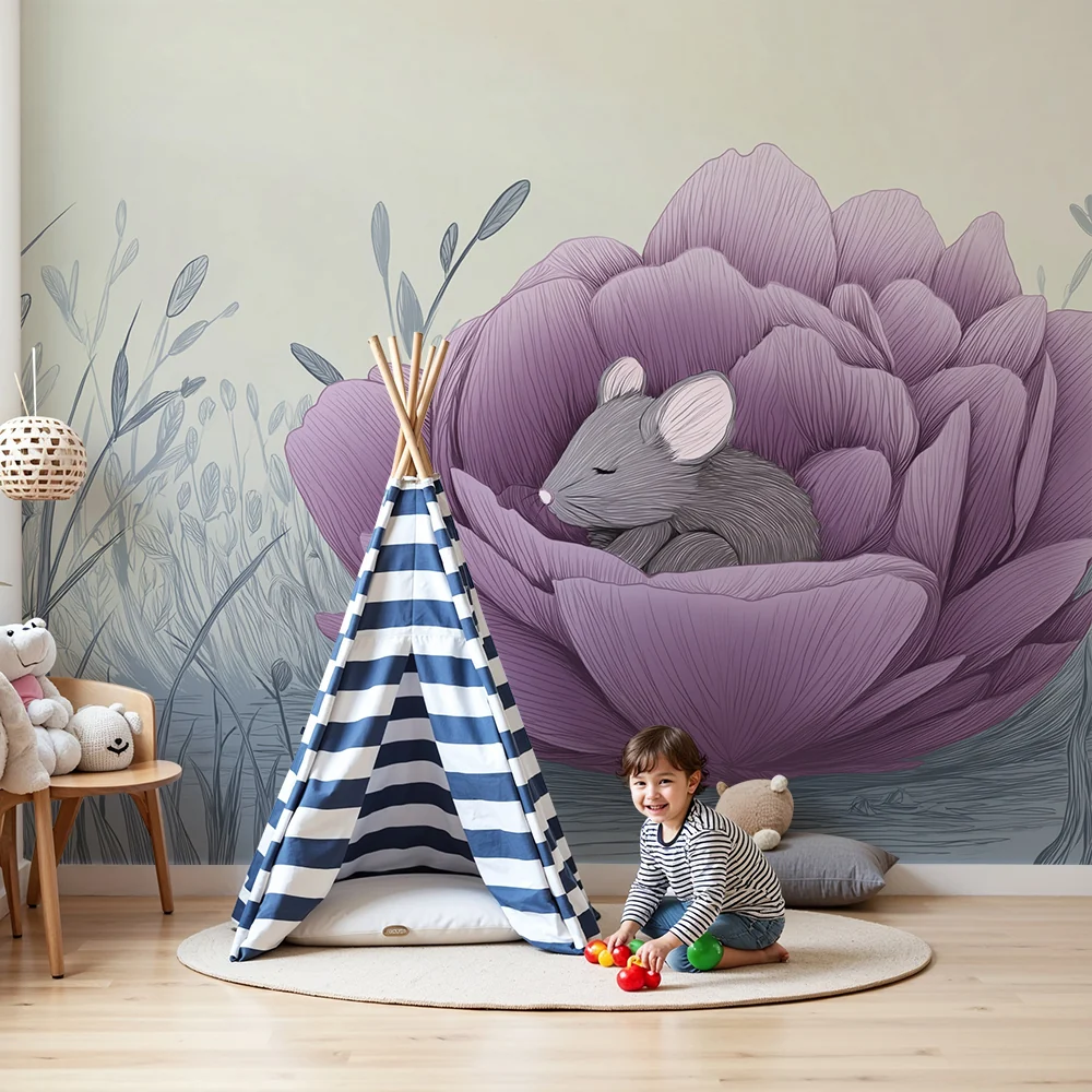 Papel de parede quarto bebê | Mali miš spava u nježnom cvijetu