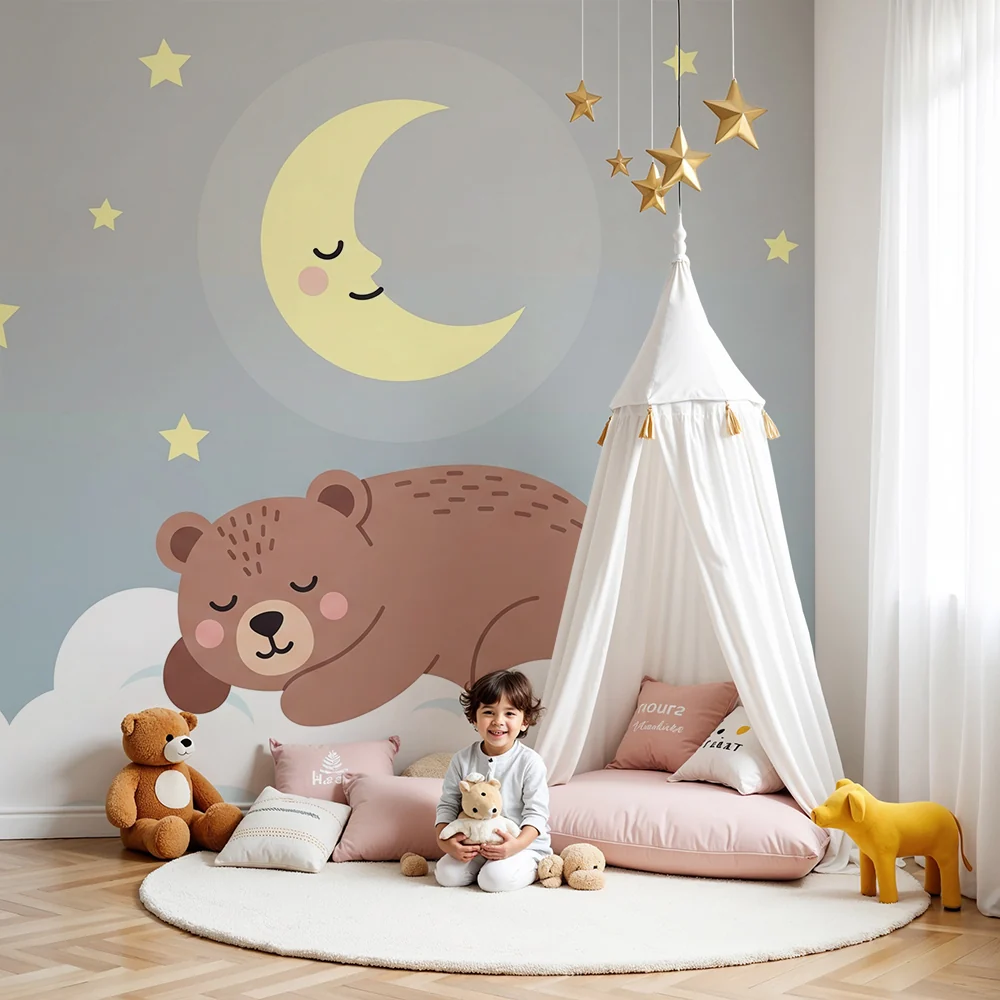 Papel de parede quarto bebê | Medvjed koji spava među oblakom i zvijezdama