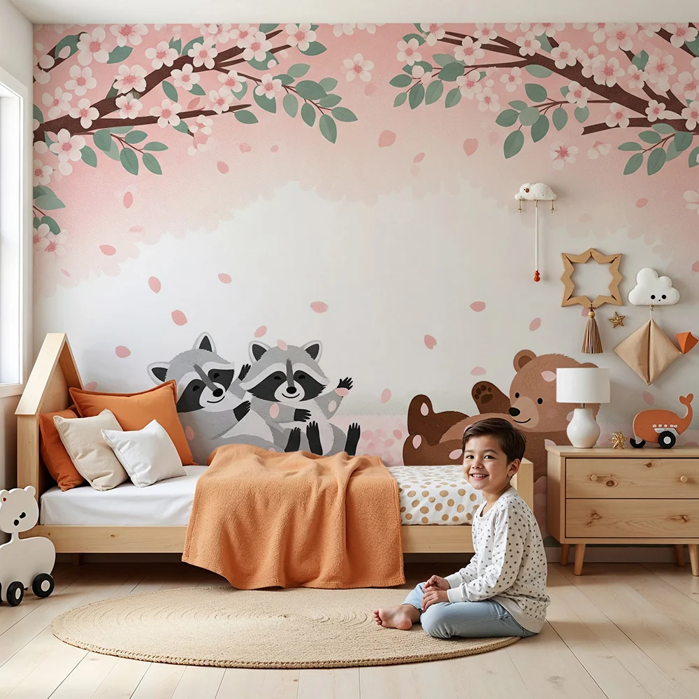 Papel de parede quarto bebê | Medvjedići i rakuni ispod cvjetajućih trešanja