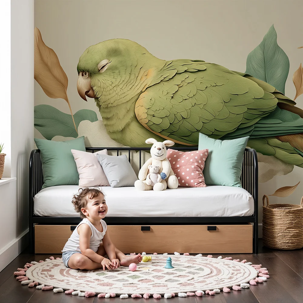 Papel de parede quarto bebê | Miran papagaj na oblaku s nježnim lišćem