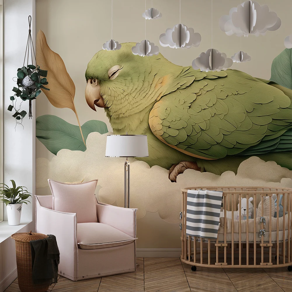 Papel de parede quarto bebê | Miran papagaj na oblaku s nježnim lišćem
