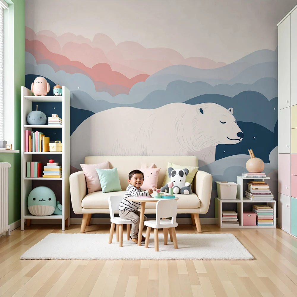 Papel de parede quarto bebê | Miran polarni medvjed u mirnom pastelnom oblačnom nebu